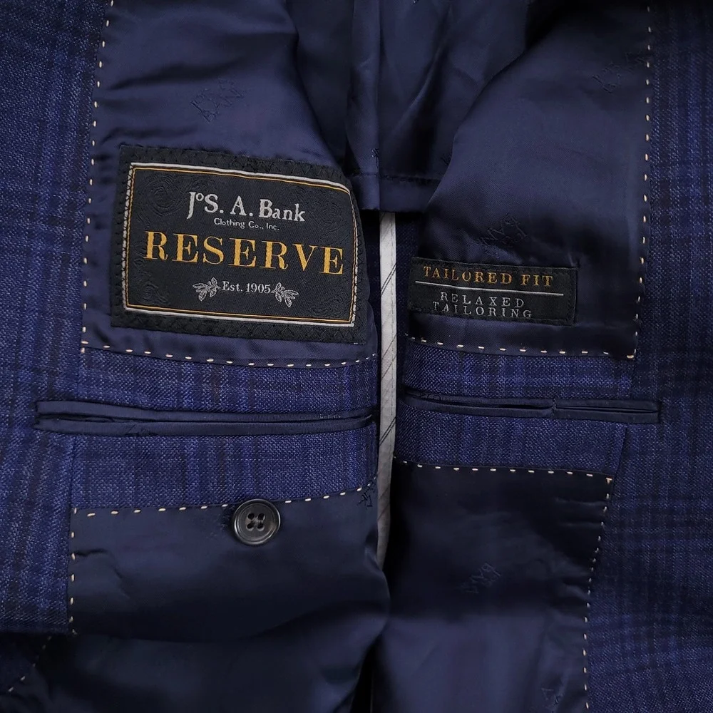 Jos A Bank Reserve Blazer Mens 42R Blue Plaid Lanificio Di Pray 130s Wool Jacket